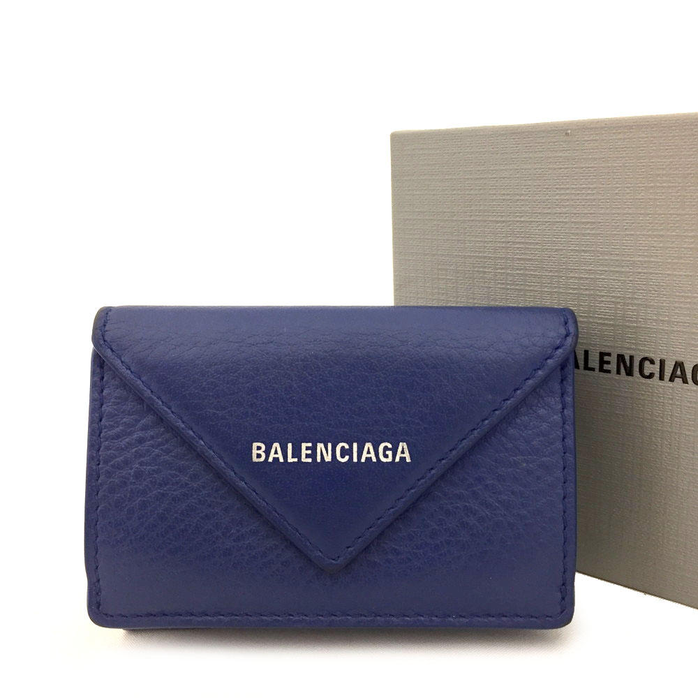 Unused Authentic BALENCIAGA Paper Blue Leather Mini Trifold Wallet